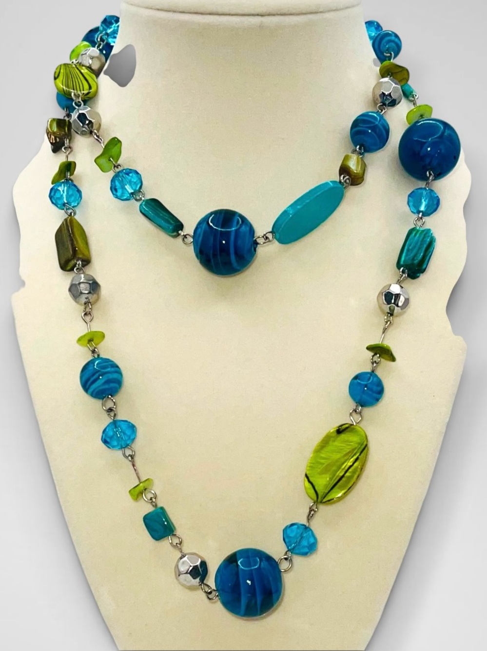 Chunky Blue & Green Mixed Bead Statement Necklace Boho